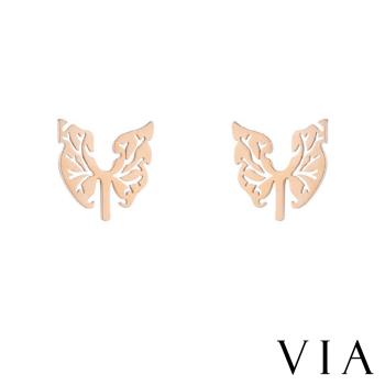 【VIA】植物系列 縷空葉片造型白鋼耳釘 造型耳釘 玫瑰金色