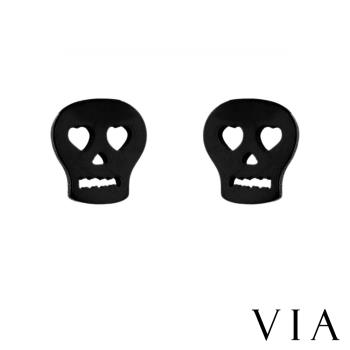 【VIA】個性系列 愛心眼眶骷髏頭造型白鋼耳釘 造型耳釘黑色