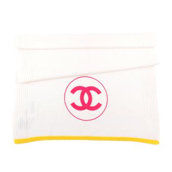 CHANEL 桃紅Logo 黃邊喀什米爾羊毛圍巾/披肩(白色)
