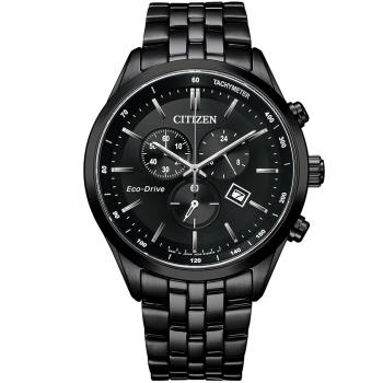 CITIZEN 星辰 光動能簡約商務三眼計時錶/全黑/42mm/AT2145-86E