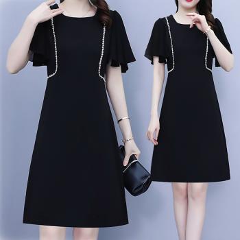 麗質達人 - 9992黑色雪紡短袖洋裝