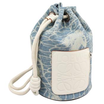 LOEWE x Paulas Ibiza 水波紋帆布皮標束口水桶包.藍白