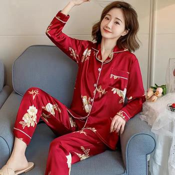 【韓國K.W.】綢緞質感印花休閒居家睡衣套裝