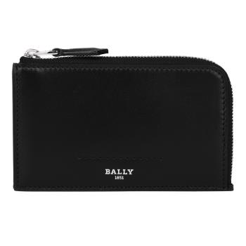 BALLY-烙印銀字牛皮革L型拉鍊皮革零錢包(黑)
