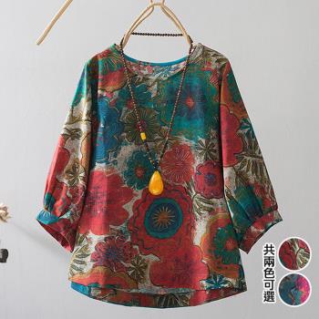 【韓國K.W.】氣場時髦亞麻印花寬鬆上衣