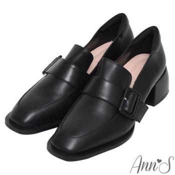 Ann’S同色系寬帶大方扣-方頭粗跟樂福鞋4.5cm-黑