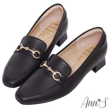 Ann’S經典風格MIT-馬銜扣綿羊皮真皮粗跟樂福鞋3cm-黑