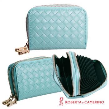 【ROBERTA 諾貝達】義大利牛皮-雙層式-零錢/卡片包-編織紋-藍色