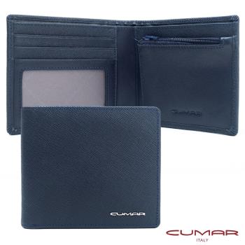 【CUMAR 義大利 】零錢袋短夾-真皮十字紋-藍色