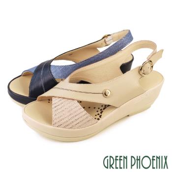 GREEN PHOENIX 女 涼鞋 交叉 金屬釦 全真皮 厚底 楔型 台灣製U27-2A316