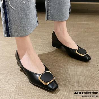 【J&H collection】質感舒適金屬釦真皮粗跟鞋(現+預  杏色 / 卡其色 / 黑色)