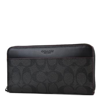 COACH 男款 緹花LOGO滾色邊防刮皮革拉鍊長夾-深灰色