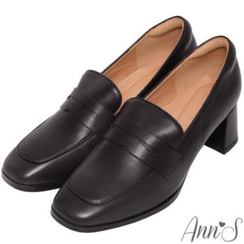 Ann’S品味選擇-細緻滾邊牛皮真皮方頭粗跟樂福鞋5cm-黑