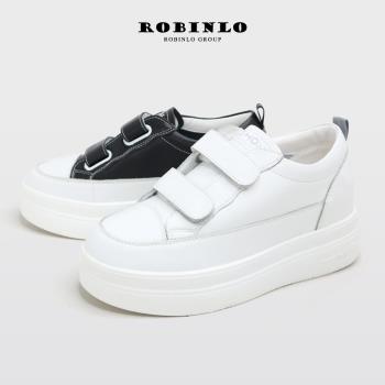 Robinlo微甜個性厚底全真皮小白鞋休閒鞋BRAM 個性黑/純淨白