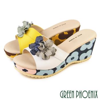 GREEN PHOENIX 女 拖鞋 花朵 全真皮 輕量 厚底 楔型 台灣製U27-20895