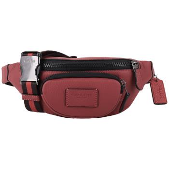 COACH  皮標&amp;雙色彩織紋背帶皮革腰包(暗紅)mini款