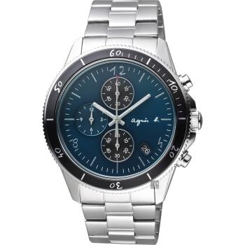 agnes b. 巴黎限定計時手錶-綠x銀/43mm VK67-KXB0G B7A005X1