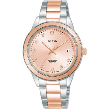 ALBA 雅柏 簡約晶鑽女錶-銀x粉紅金/34mm AG8M83X1/VJ32-X333P