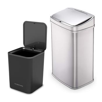 買大送小-美國NINESTARS 輕奢髮絲銀不銹鋼感應垃圾桶50L+3L按壓式垃圾桶