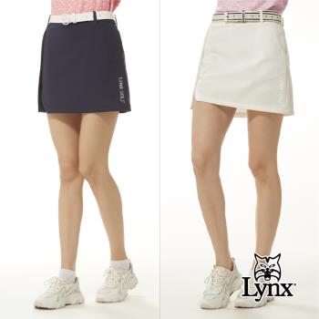 【Lynx Golf】女款彈性舒適素面外觀Lynx貼膜造型後腰隱形拉鍊設計運動短裙(二色)