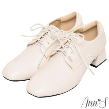 Ann’S簡單最真實-皮革素面綁帶方頭粗跟牛津鞋4cm-白(版型偏小)