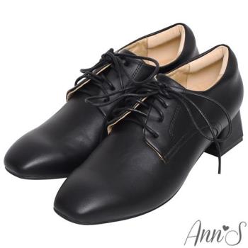 Ann’S簡單最真實-皮革素面綁帶方頭粗跟牛津鞋4cm-黑(版型偏小)