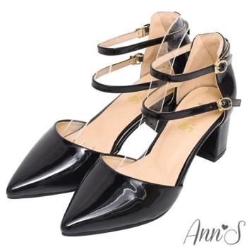 Ann’S柔美心動-軟漆皮繫帶3way粗跟尖頭鞋5.5cm-黑