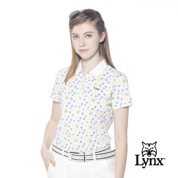 【Lynx Golf】女款吸濕排汗機能網眼材質配色高爾夫圖樣Lynx繡花短袖POLO衫-白色
