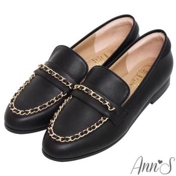 Ann’S經典風格MIT-小香風穿皮鍊頂級綿羊皮平底樂福鞋-黑