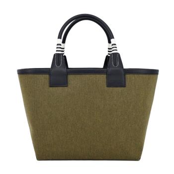 Hermes 愛馬仕 Steeple 25 Swift 小牛皮拼接帆布手提包 AD卡其 黑 U刻 銀釦