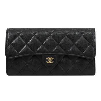 CHANEL AP0241 經典雙C LOGO菱格紋牛皮金扣發財長夾.黑