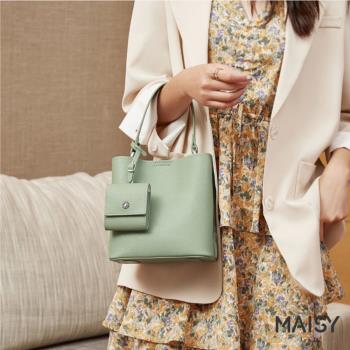 【MAISY】時尚真皮優雅純色水桶包(現+預 綠色)