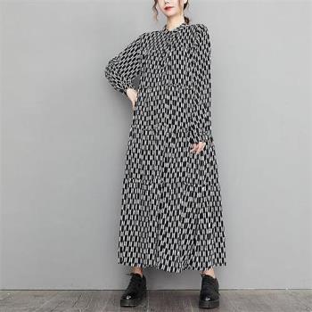 【巴黎精品】洋裝長袖連身裙-黑白格紋寬鬆長版女裙子a1ap75