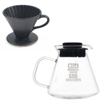 【MILA】日本製 織部燒 咖啡濾杯02-南蠻黑釉(附MILA耐熱玻璃壺600ml)
