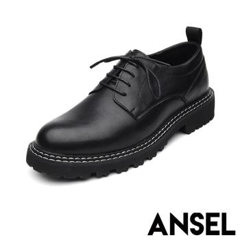 【ANSEL】馬丁靴 真皮馬丁靴/真皮雙層縫線繫帶造型個性馬丁鞋-男鞋 黑