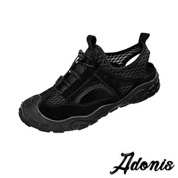 【Adonis】休閒涼鞋 真皮休閒涼鞋/真皮透氣網布拼接織帶造型戶外健行休閒涼鞋 -男鞋 黑