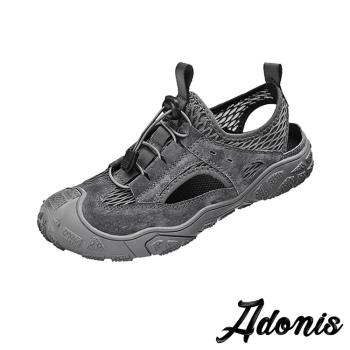 【Adonis】休閒涼鞋 真皮休閒涼鞋/真皮透氣網布拼接織帶造型戶外健行休閒涼鞋 -男鞋 灰