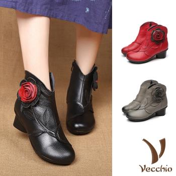 【VECCHIO】短靴 粗跟短靴/真皮復古立體花朵造型粗跟短靴 (3色任選)