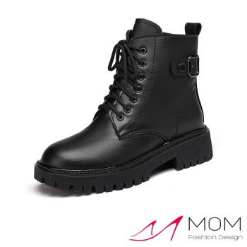 【MOM】馬丁靴 牛皮馬丁靴/全牛皮百搭皮帶釦飾七孔經典款馬丁靴 黑