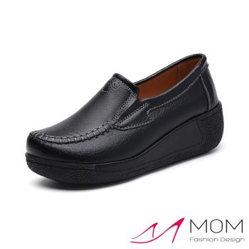 【MOM】休閒鞋 厚底休閒鞋/真皮復古縫線純色皮面造型厚底休閒鞋 黑