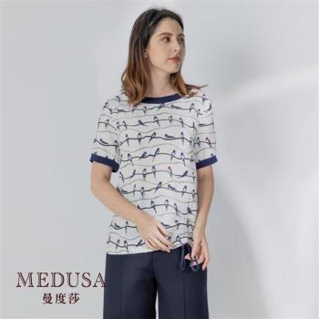 現貨【MEDUSA 曼度莎】小鳥天絲棉抽繩長版T恤（M-2L）｜女上衣 短袖上衣 長版上衣 加大尺碼