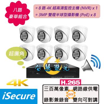 iSecure_八路智慧雙光監視器組合: 一部八路 4K 超高清網路型監控主機 (NVR)+八部智慧雙光 3MP 超廣角半球型網路攝影機 (PoE)