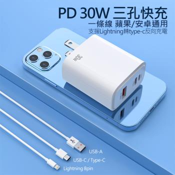 30W PD反向快速充電器 3孔快充頭/旅充頭 USB/Type-C/Lightning 8pin