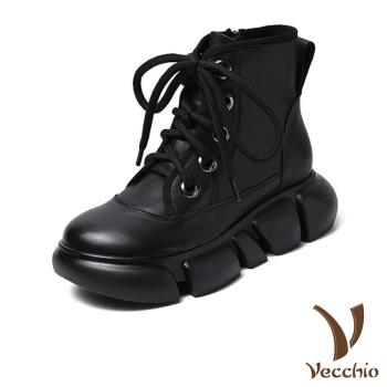 【VECCHIO】短靴 厚底短靴/真皮頭層牛皮復古5孔綁帶厚底時尚短靴 黑