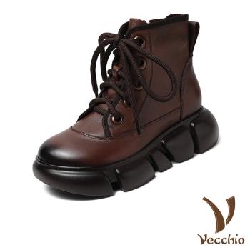 【VECCHIO】短靴 厚底短靴/真皮頭層牛皮復古5孔綁帶厚底時尚短靴 棕
