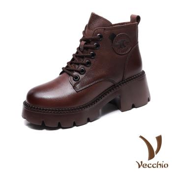 【VECCHIO】短靴 粗跟短靴/全真皮頭層牛皮復古時尚防水台粗跟百搭馬丁短靴 棕