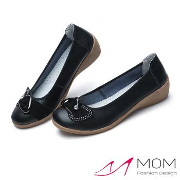 【MOM】跟鞋 坡跟鞋/真皮燙鑽時尚月牙釦造型坡跟鞋 黑