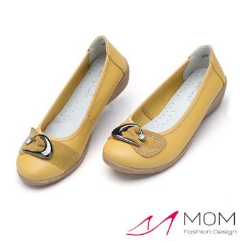 【MOM】跟鞋 坡跟鞋/真皮燙鑽時尚月牙釦造型坡跟鞋 黃
