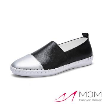 【MOM】樂福鞋 平底樂福鞋/真皮時尚撞色拼接手工縫線造型平底樂福鞋 黑