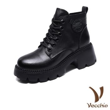【VECCHIO】短靴 粗跟短靴/全真皮頭層牛皮復古時尚防水台粗跟百搭馬丁短靴 黑